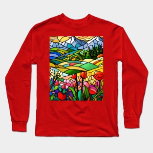 Stained Glass Colorful Mountain Meadow Long Sleeve T-Shirt